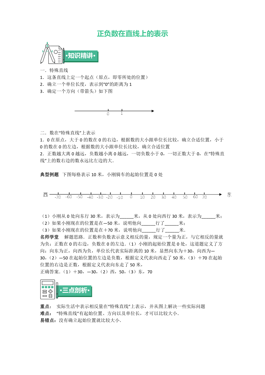 五年級上冊數(shù)學(xué) 知識點與同步訓(xùn)練 第一章正負(fù)數(shù)在直線上的表示 蘇教版_第1頁