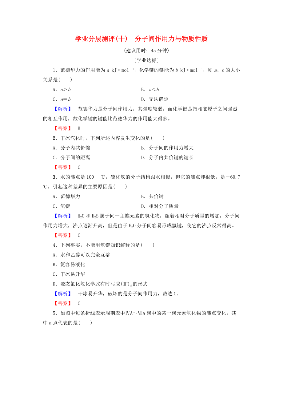 高中化學 學業(yè)分層測評10 分子間作用力與物質性質 魯科版選修3_第1頁