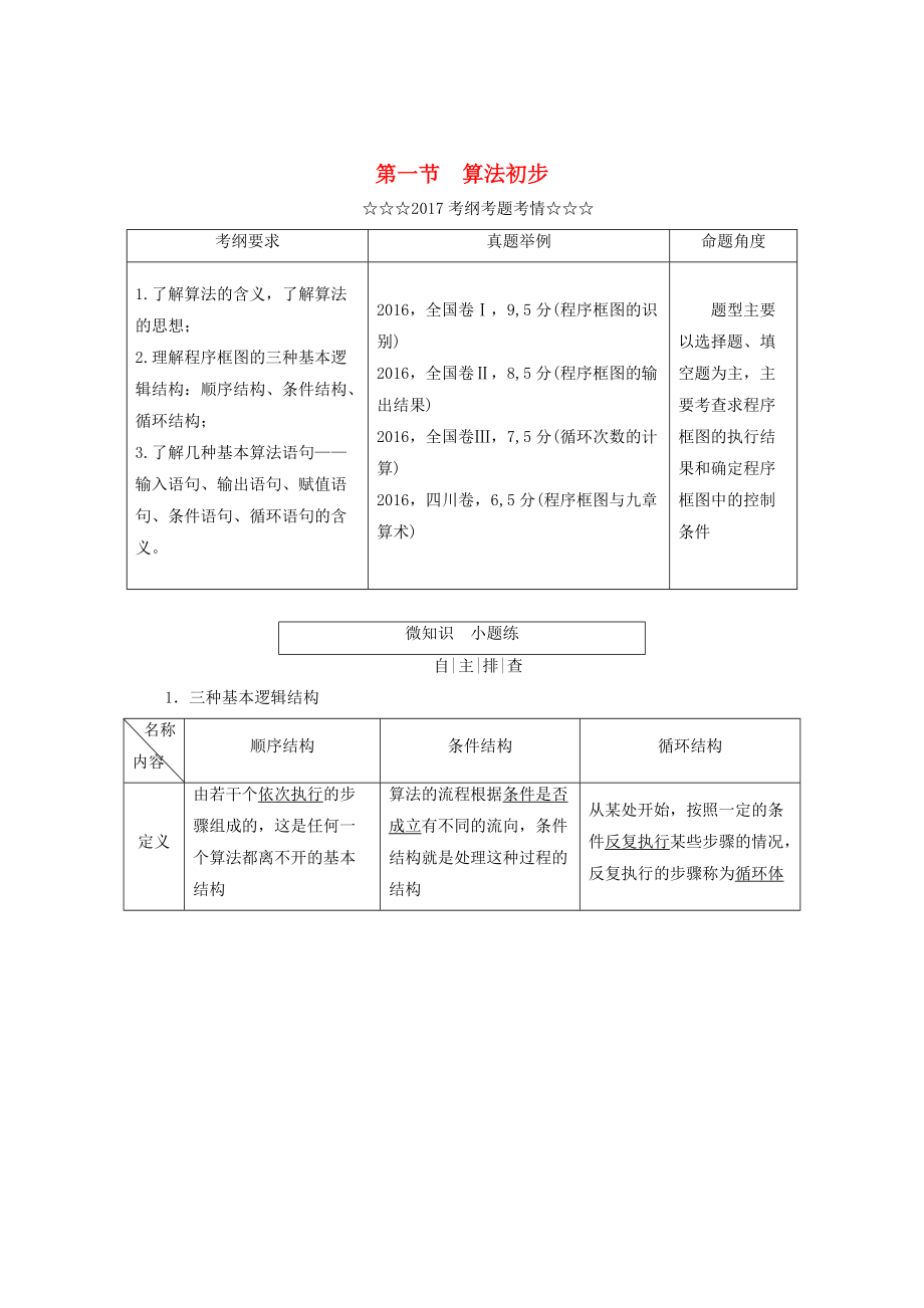 高考數(shù)學(xué)大一輪復(fù)習(xí) 第九章 算法初步、統(tǒng)計(jì)、統(tǒng)計(jì)案例 第一節(jié) 算法初步教師用書 理_第1頁