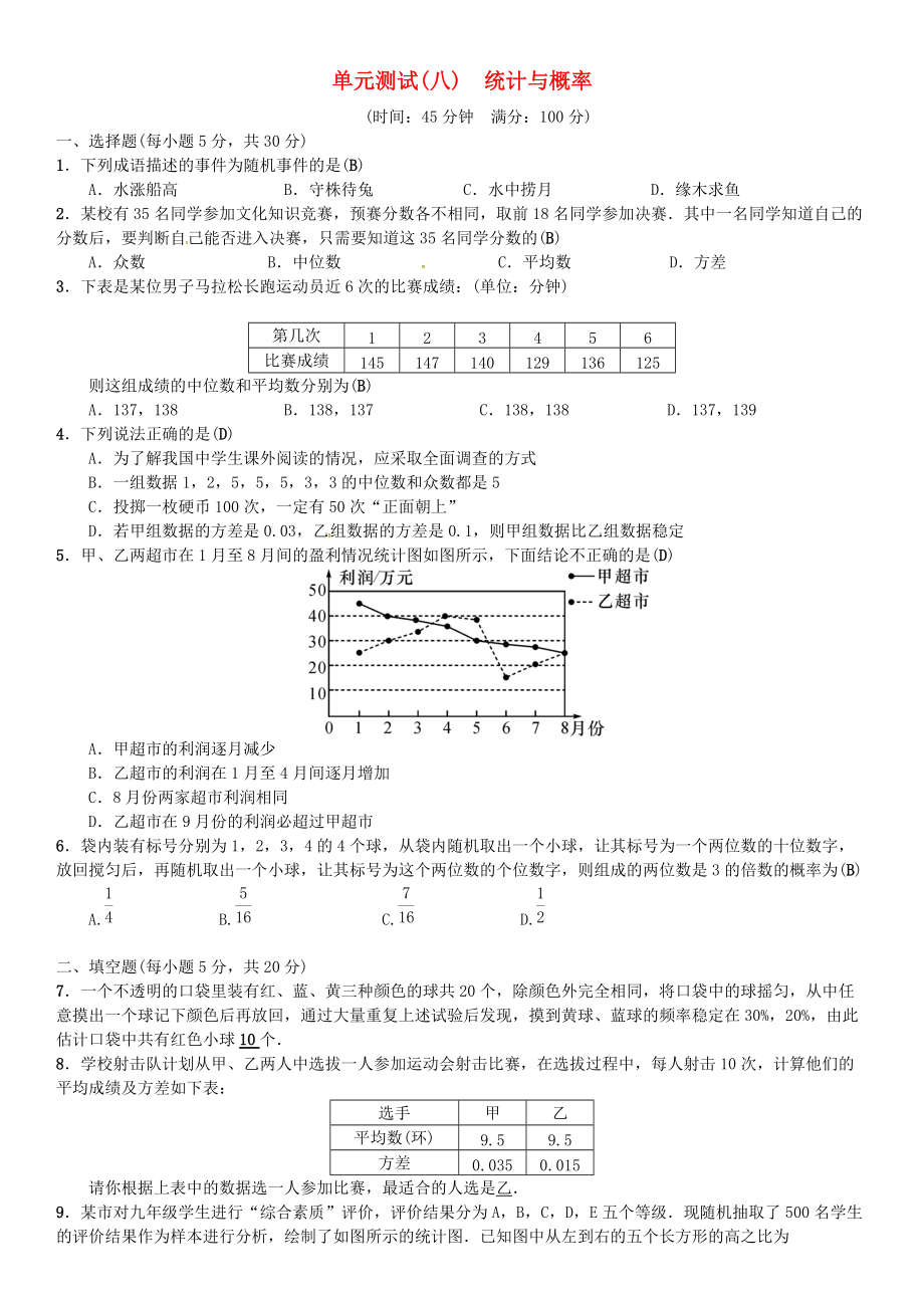 中考数学复习 单元测试八统计与概率_第1页