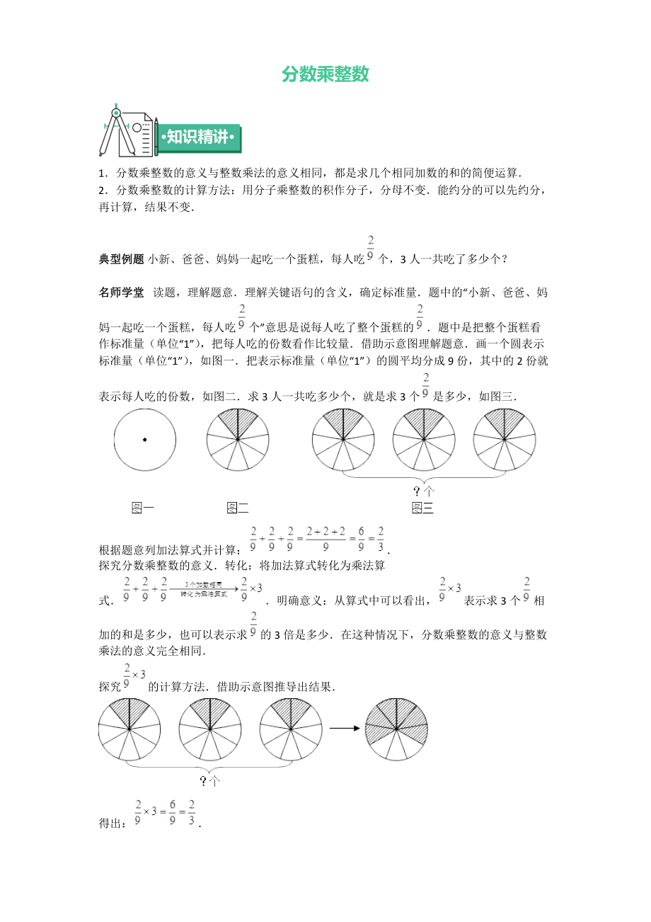 六年級(jí)上冊(cè)數(shù)學(xué) 知識(shí)點(diǎn)與同步訓(xùn)練 第二章分?jǐn)?shù)乘整數(shù) 蘇教版_第1頁