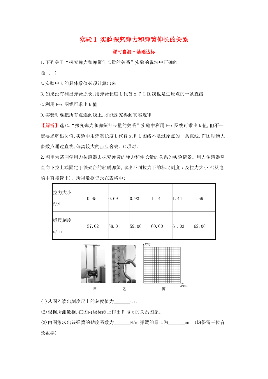 高中物理 第三章 相互作用 課時自測8226;基礎(chǔ)達(dá)標(biāo) 實(shí)驗(yàn)1 實(shí)驗(yàn)探究彈力和彈簧伸長的關(guān)系 新人教版必修1_第1頁