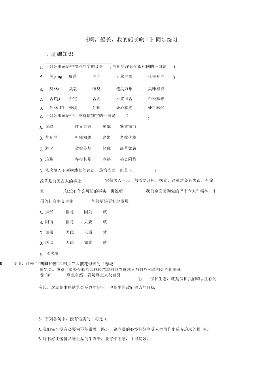 《啊,船長,我的船長喲!》同步練習(xí)2(二)_第1頁