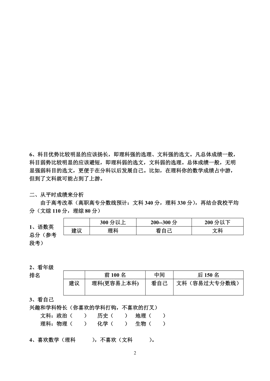 文理分科意向表