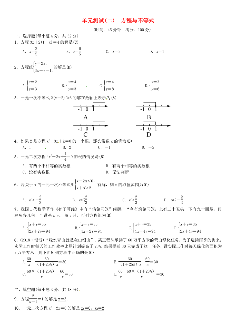 中考数学复习 单元测试二方程与不等式_第1页