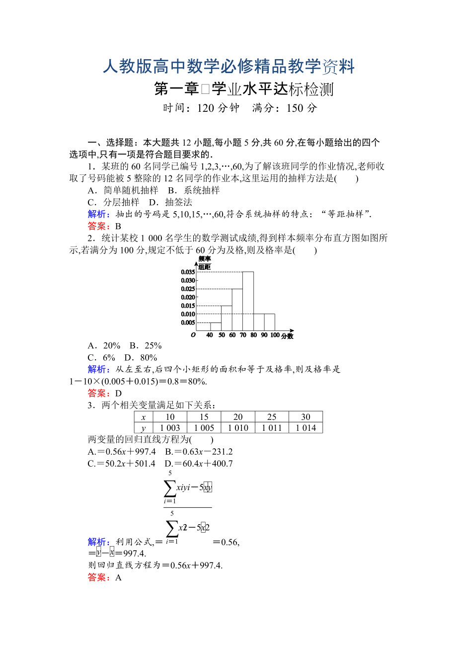 高一數(shù)學(xué)人教A版必修3：第1章 統(tǒng)計(jì) 達(dá)標(biāo)檢測 含解析_第1頁