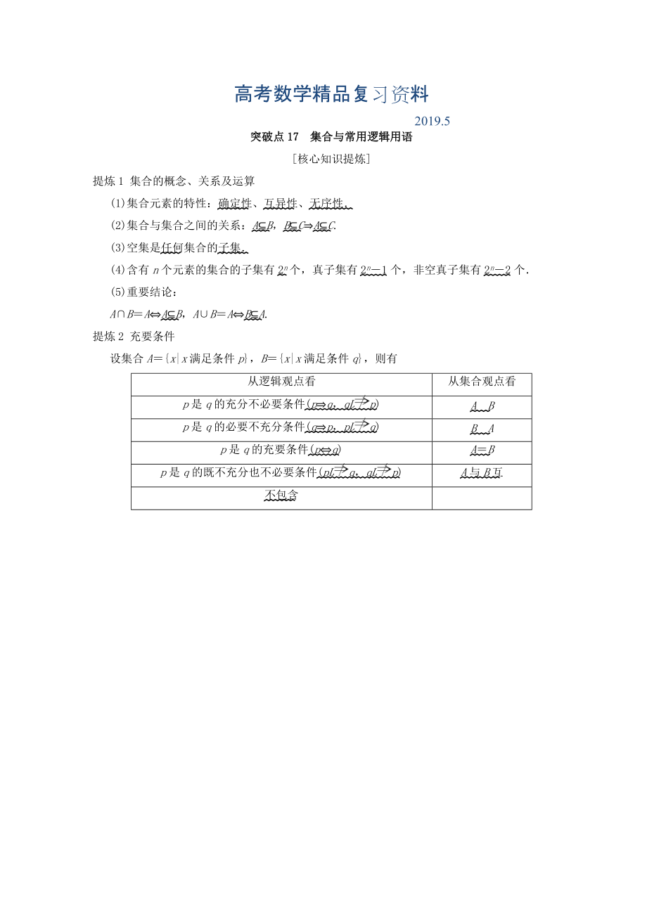 浙江高考數(shù)學(xué)二輪復(fù)習(xí)教師用書：第2部分 必考補充專題 突破點17 集合與常用邏輯用語 Word版含答案_第1頁