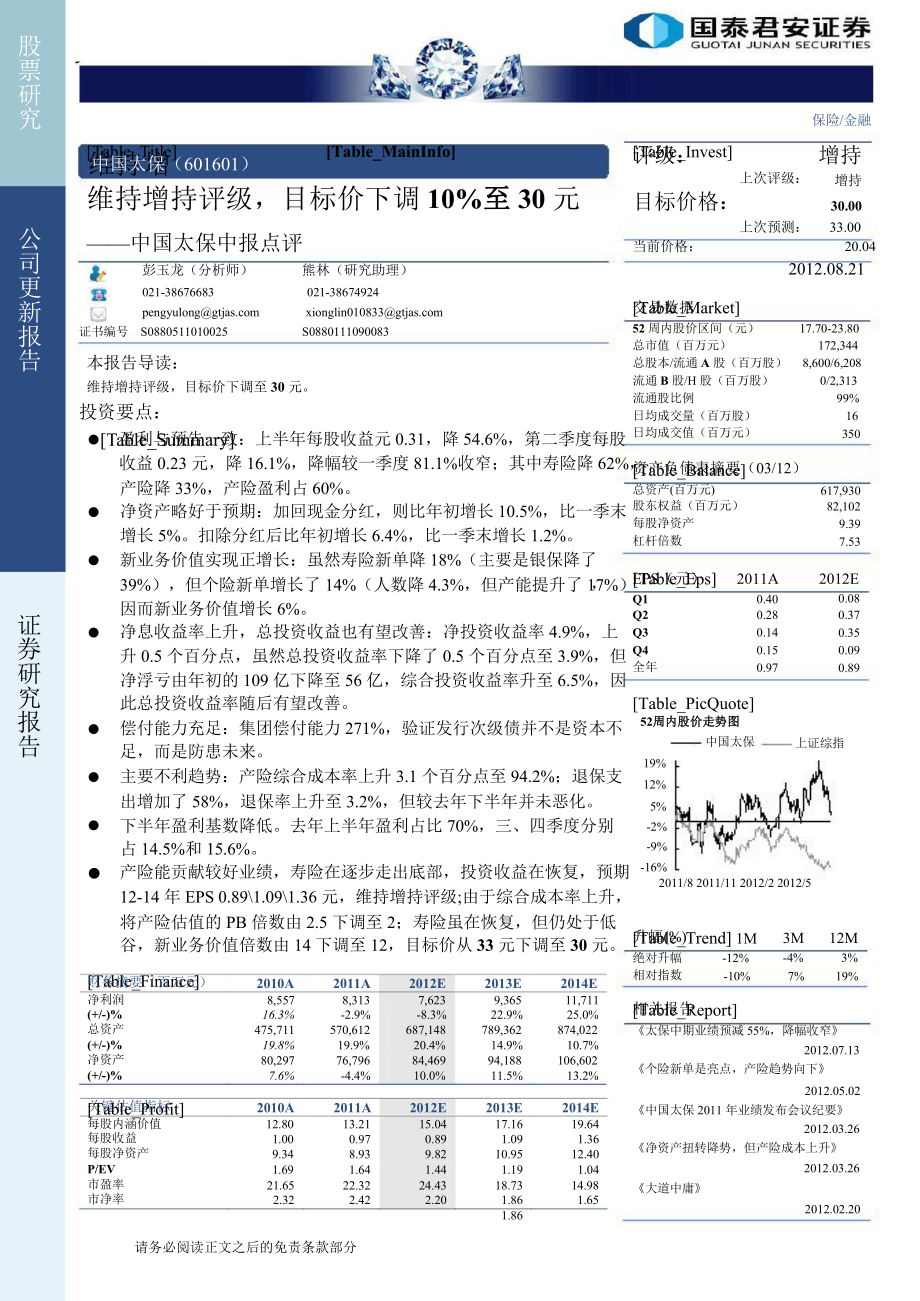 中国太保(601601)中报点评：维持增持评级目标价下调10%至30元0821_第1页