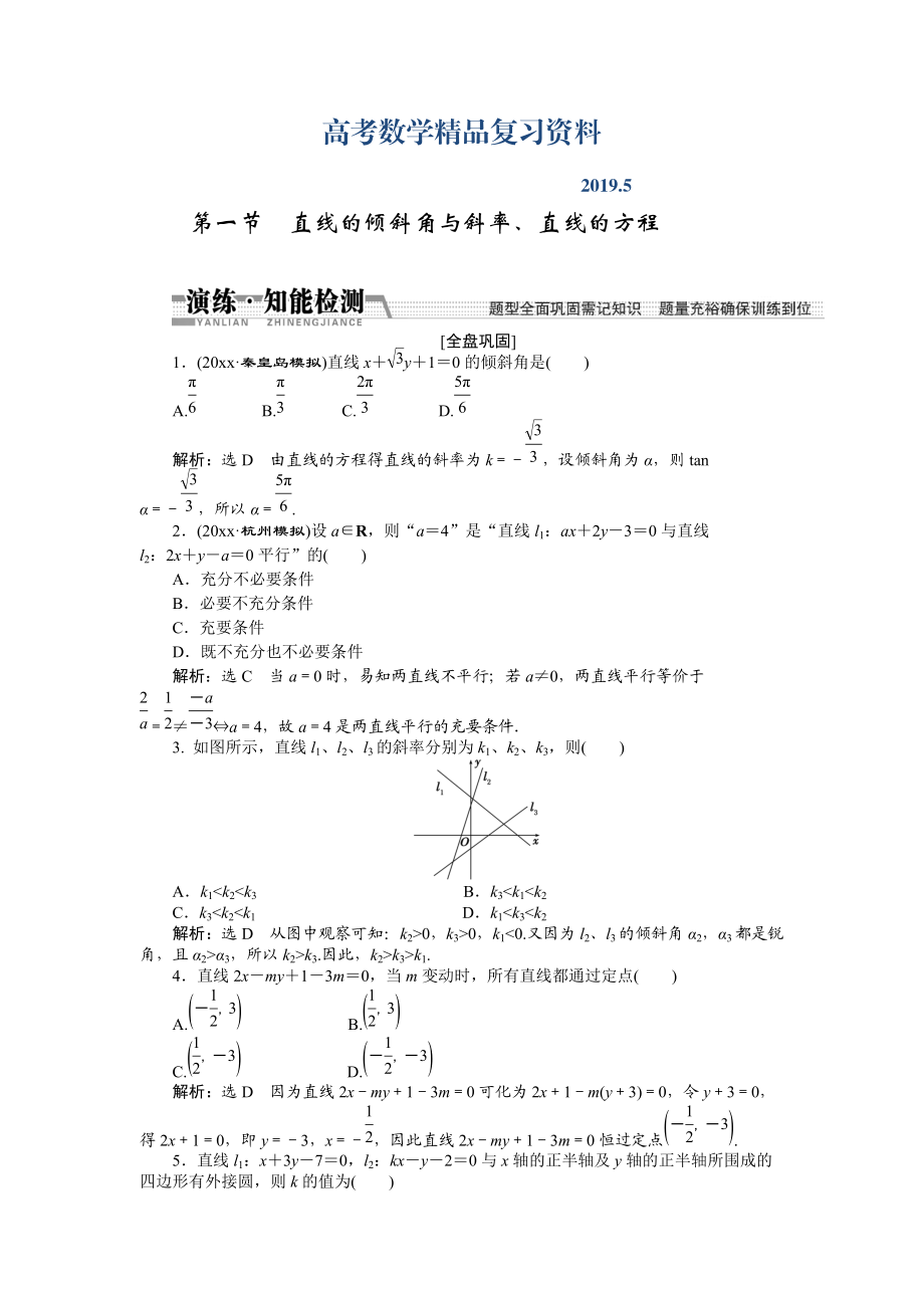 【創(chuàng)新方案】高考數(shù)學(xué)理一輪知能檢測：第8章 第1節(jié)　直線的傾斜角與斜率、直線的方程_第1頁