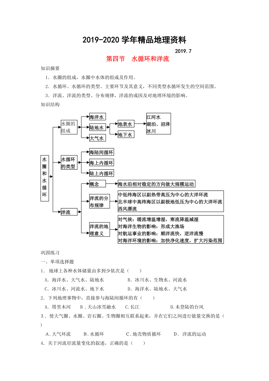 2020鶴崗一中高中地理 第二章 第四節(jié) 水循環(huán)和洋流學(xué)案 湘教版必修1_第1頁