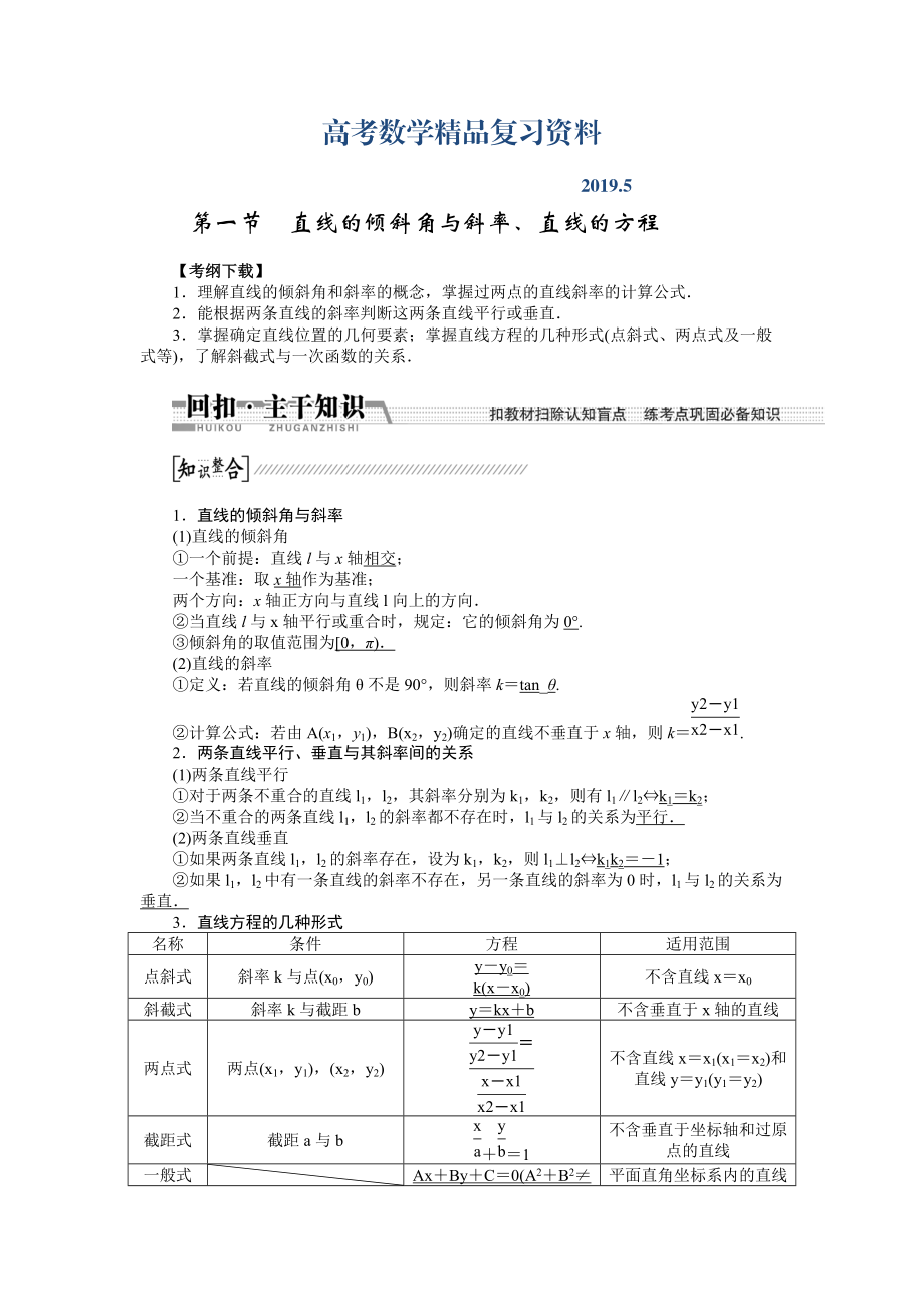 【創(chuàng)新方案】高考數(shù)學(xué)理一輪復(fù)習(xí)配套文檔：第8章 第1節(jié)　直線的傾斜角與斜率、直線的方程_第1頁(yè)