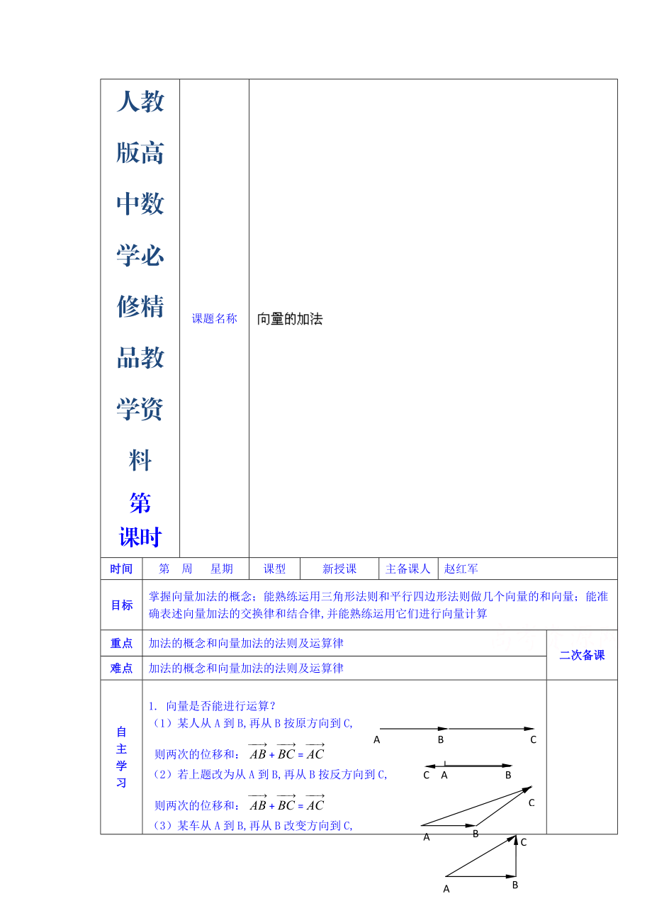 人教版高中數(shù)學(xué)學(xué)案必修四第二章 向量的加法_第1頁