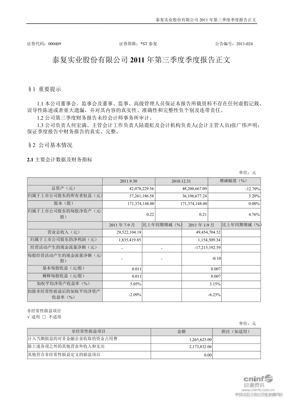 ST泰复：第三季度报告正文_第1页