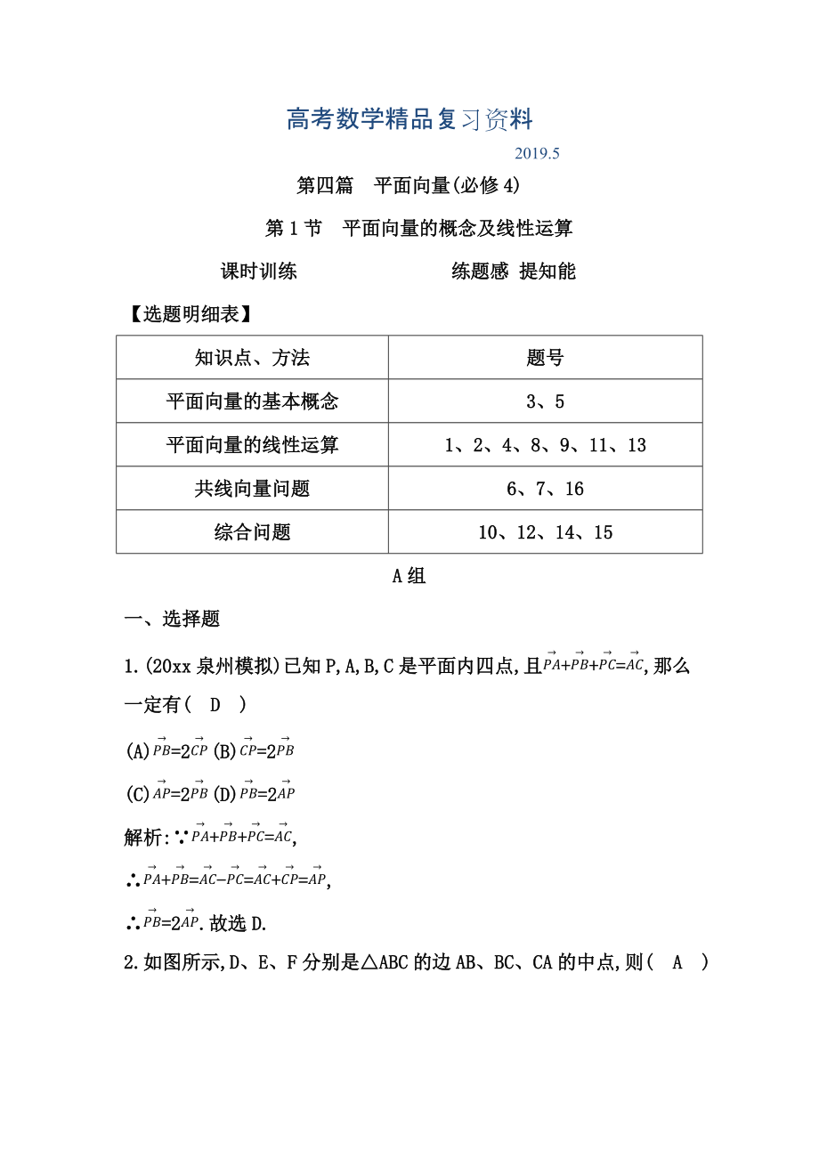 高考数学广东专用文科复习配套课时训练：第四篇 平面向量 第1节　平面向量的概念及线性运算含答案_第1页