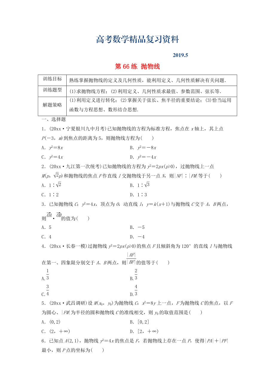 高三數(shù)學(xué) 第66練 拋物線練習(xí)_第1頁(yè)