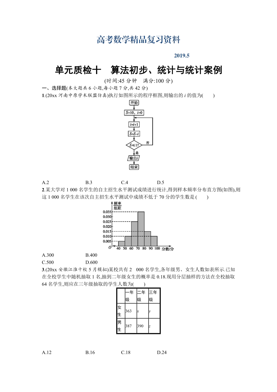 高三數(shù)學(xué)理一輪復(fù)習(xí)考點(diǎn)規(guī)范練：第十章　算法初步、統(tǒng)計(jì)與統(tǒng)計(jì)案例 單元質(zhì)檢十 Word版含解析_第1頁(yè)