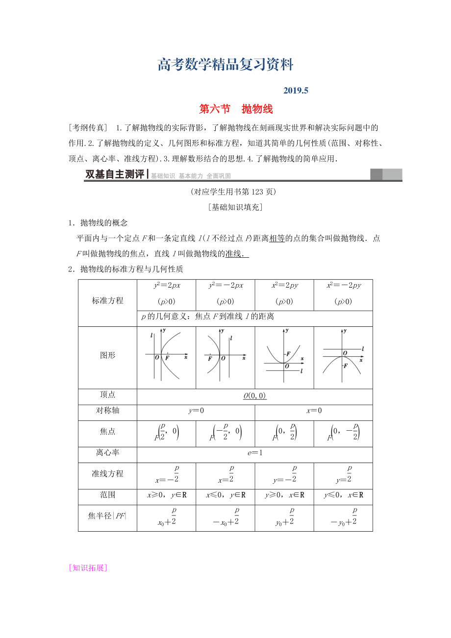 高考數(shù)學一輪復(fù)習學案訓練課件北師大版文科： 第8章 平面解析幾何 第6節(jié) 拋物線學案 文 北師大版_第1頁