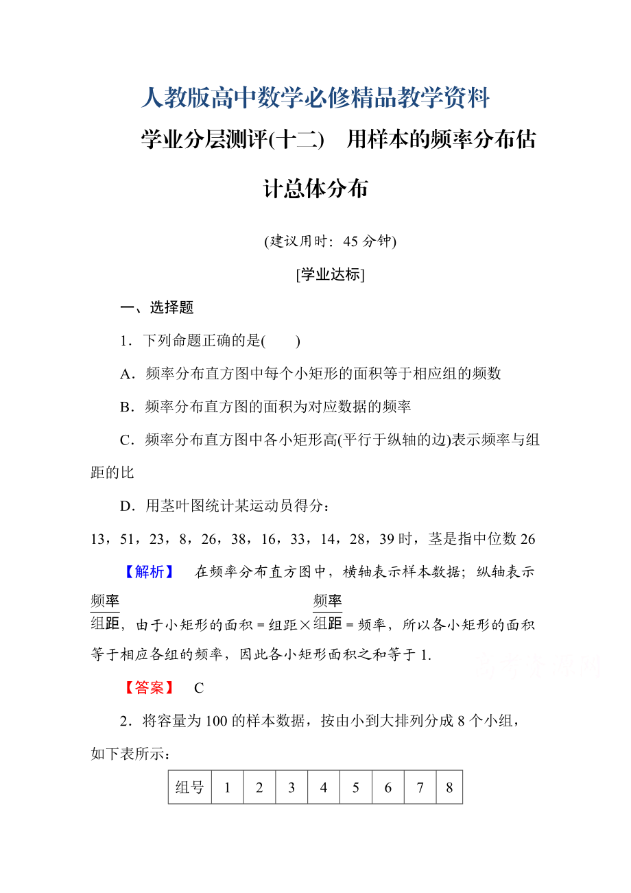 高中数学人教A版必修三 第二章 统计 学业分层测评12 含答案_第1页