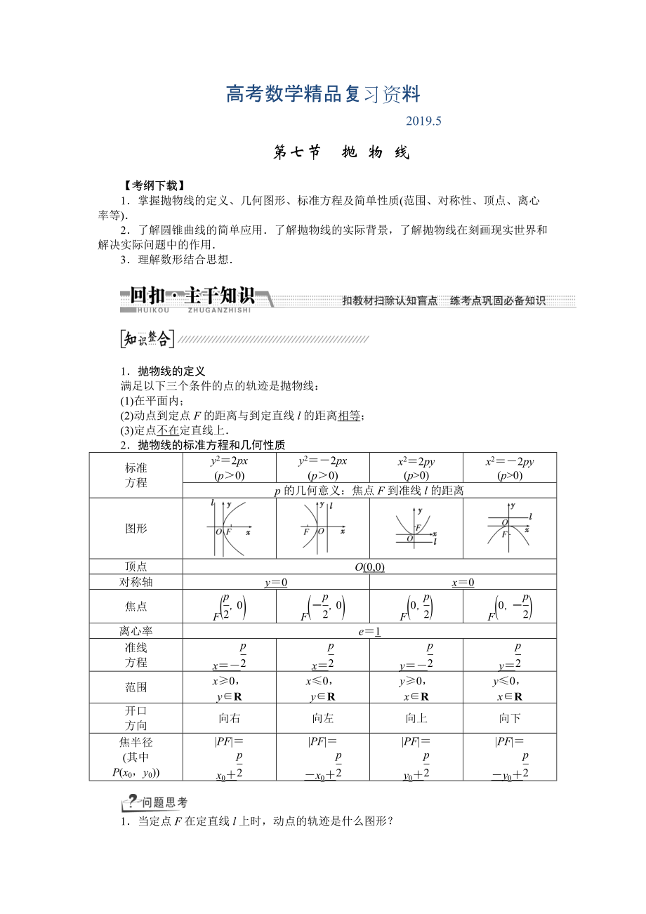 【創(chuàng)新方案】高考數(shù)學(xué)理一輪復(fù)習(xí)配套文檔：第8章 第7節(jié)　拋物線(xiàn)_第1頁(yè)