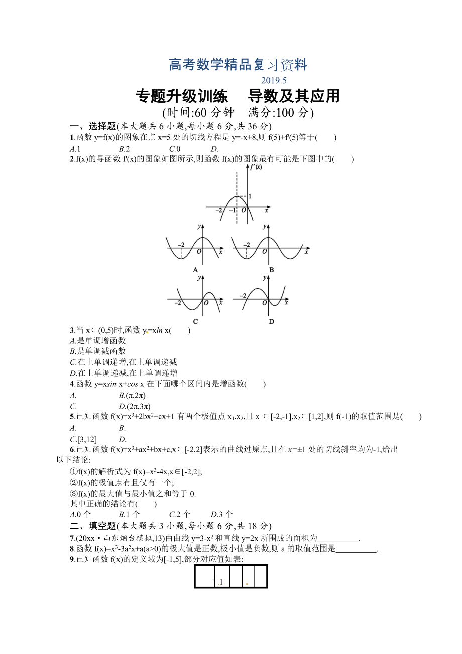 高考數(shù)學(xué)復(fù)習(xí) 專題二 第3講 導(dǎo)數(shù)及其應(yīng)用 專題升級訓(xùn)練含答案解析_第1頁