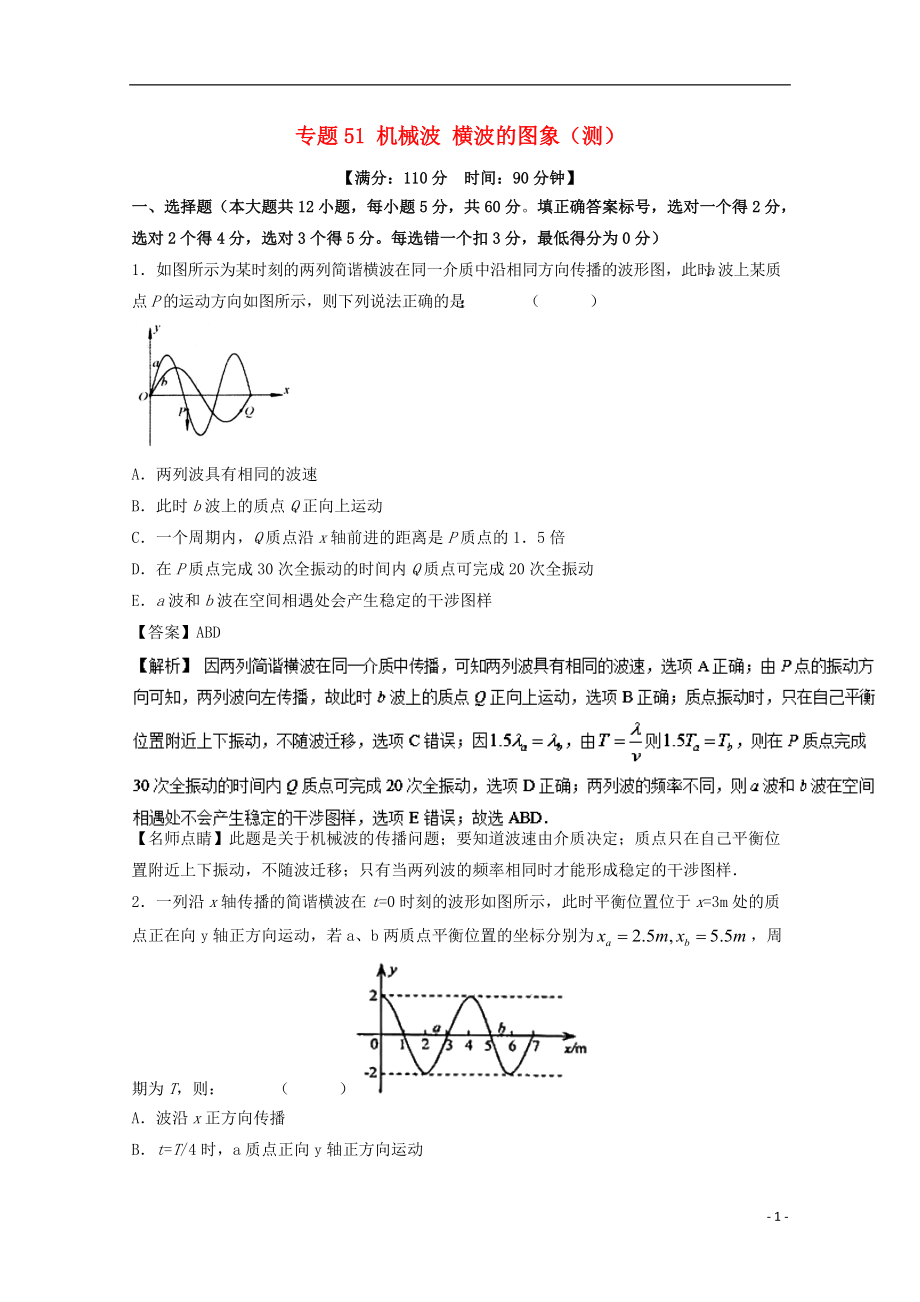 高考物理一輪復(fù)習(xí) 專題51 機械波 橫波的圖象測含解析1_第1頁