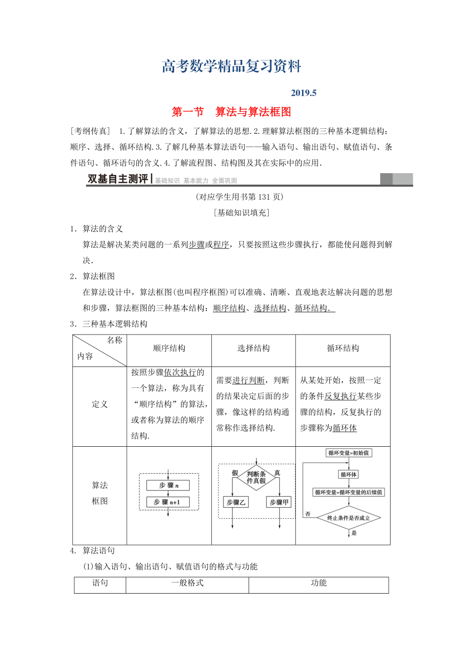 高考數(shù)學(xué)一輪復(fù)習(xí)學(xué)案訓(xùn)練課件北師大版文科： 第9章 算法初步、統(tǒng)計(jì)與統(tǒng)計(jì)案例 第1節(jié) 算法與算法框圖學(xué)案 文 北師大版_第1頁