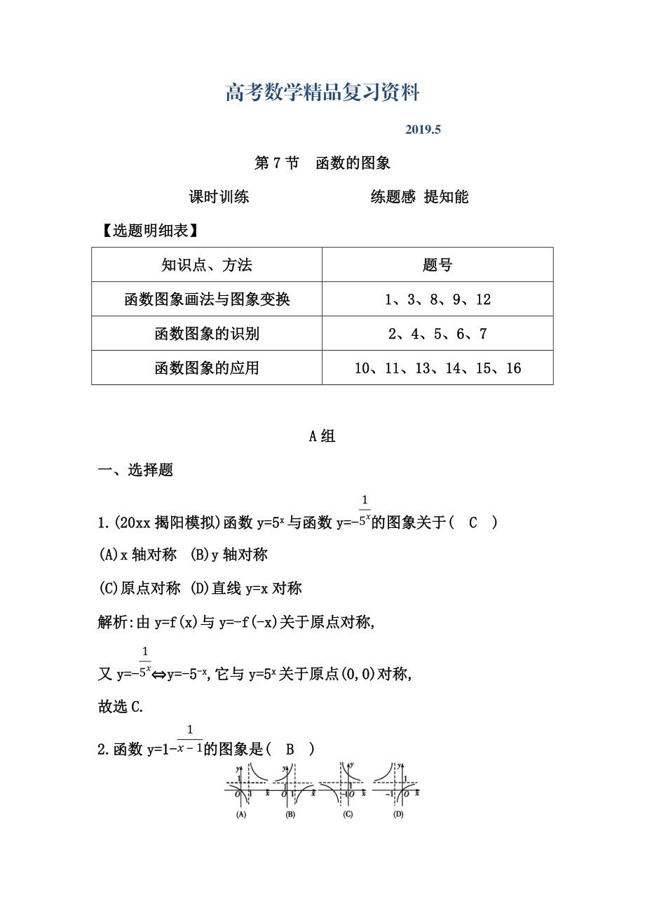 高考数学广东专用文科复习配套课时训练：第二篇 函数、导数及其应用 第7节　函数的图象含答案_第1页