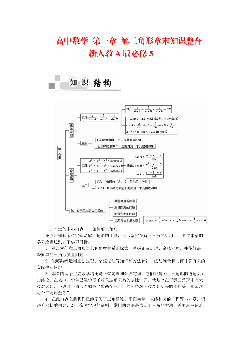 【人教A版】高中數(shù)學 第一章 解三角形章末知識整合 新人教A版必修5_第1頁