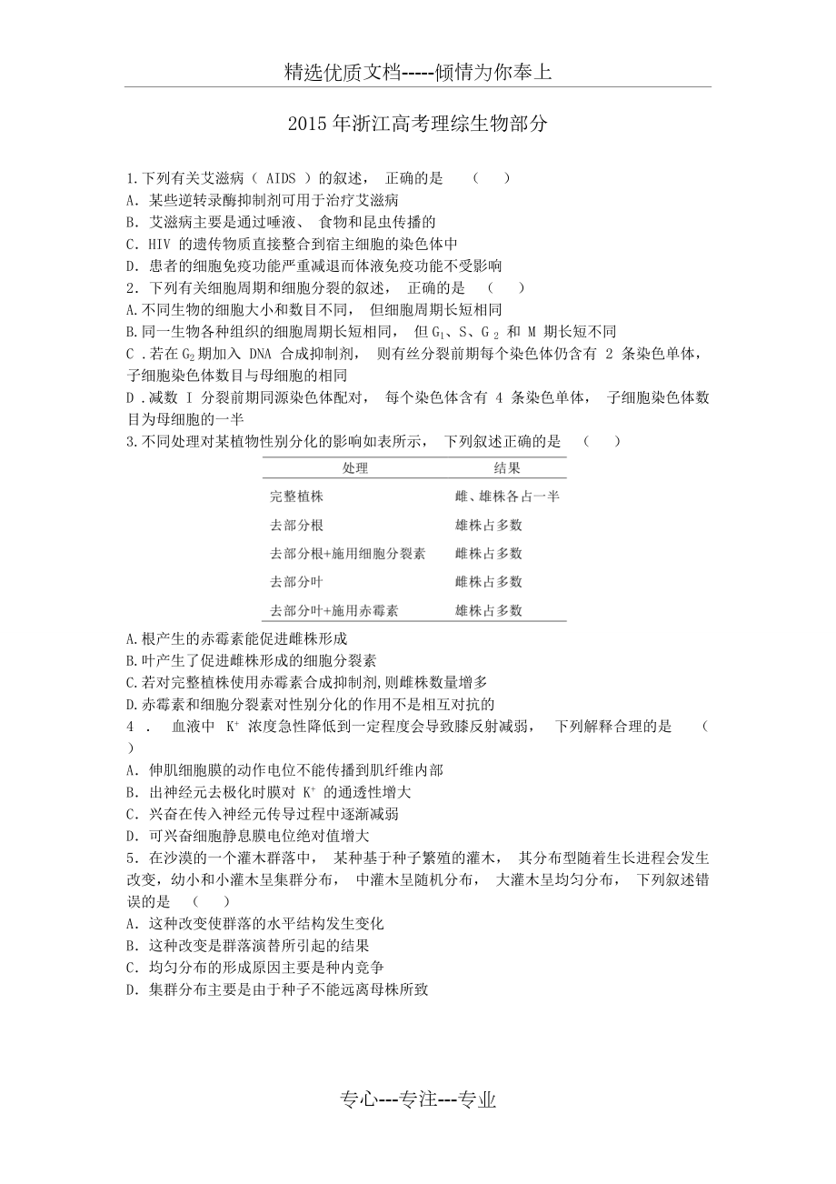 2015年浙江高考理综生物部分及答案(共4页)_第1页