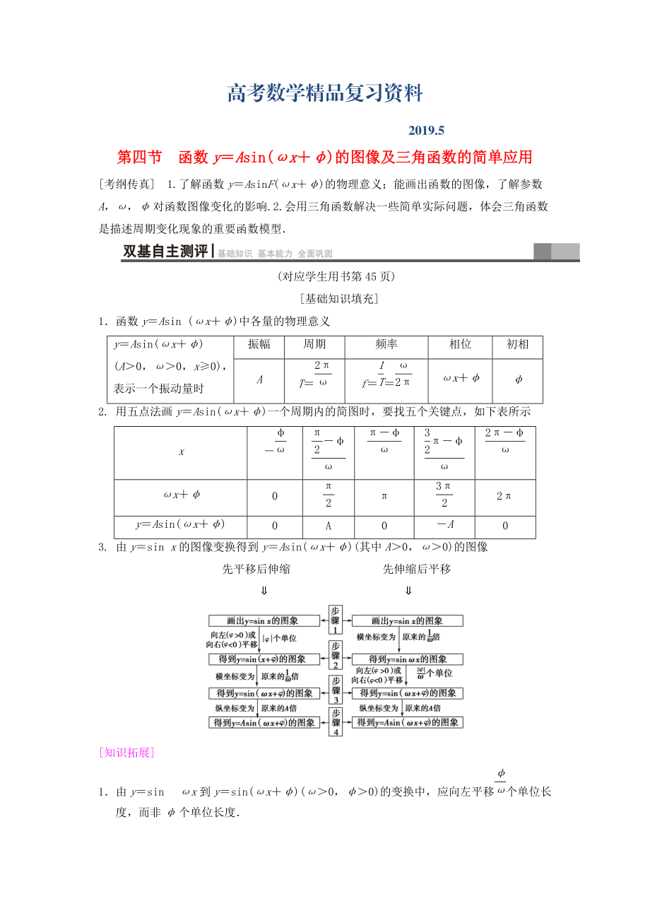 高考數(shù)學(xué)一輪復(fù)習(xí)學(xué)案訓(xùn)練課件北師大版文科： 第3章 三角函數(shù)、解三角形 第4節(jié) 函數(shù)y＝Asinωx＋φ的圖像及三角函數(shù)的簡單應(yīng)用學(xué)案 文 北師大版_第1頁