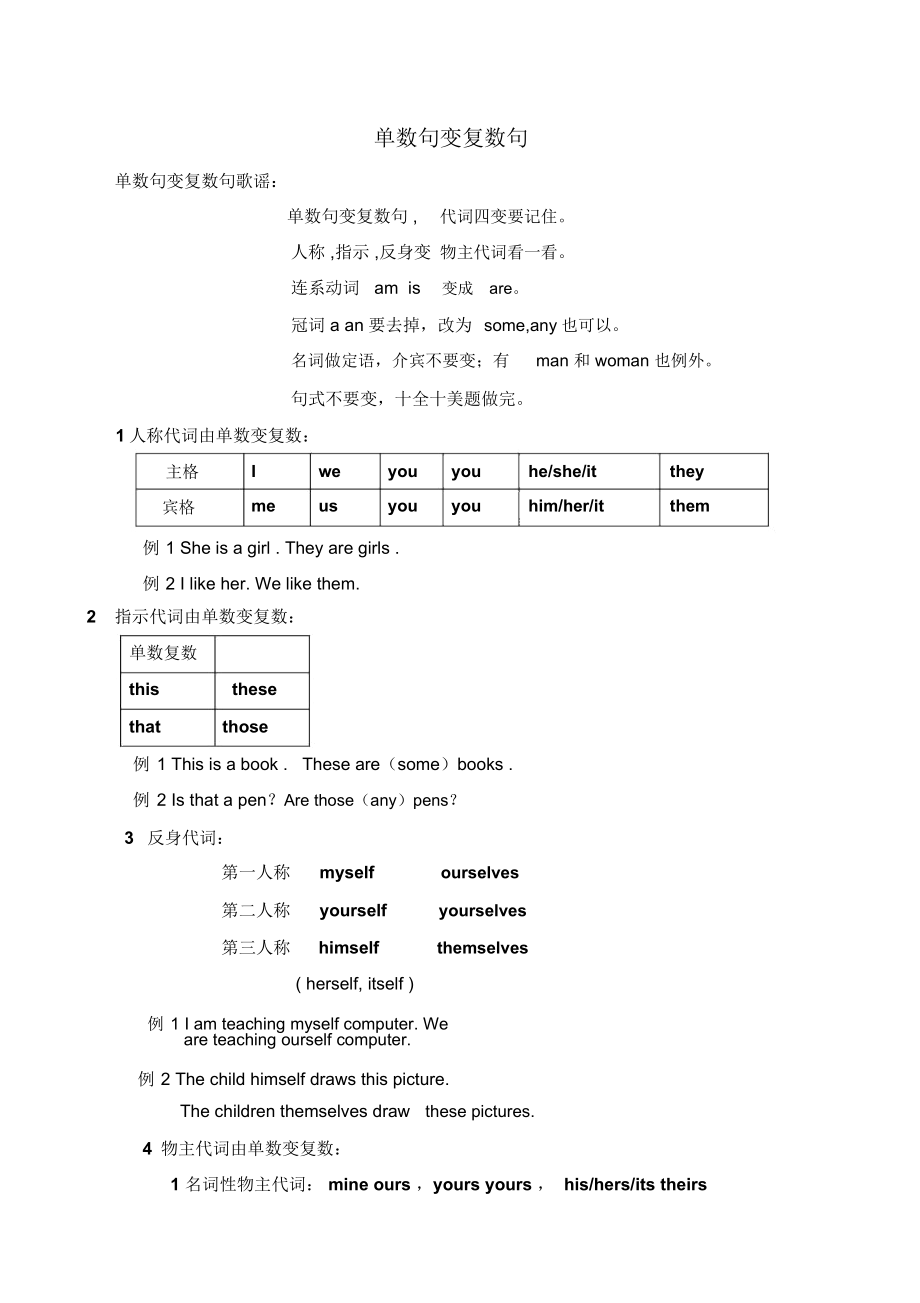 单数句变复数句(附练习及答案)_第1页