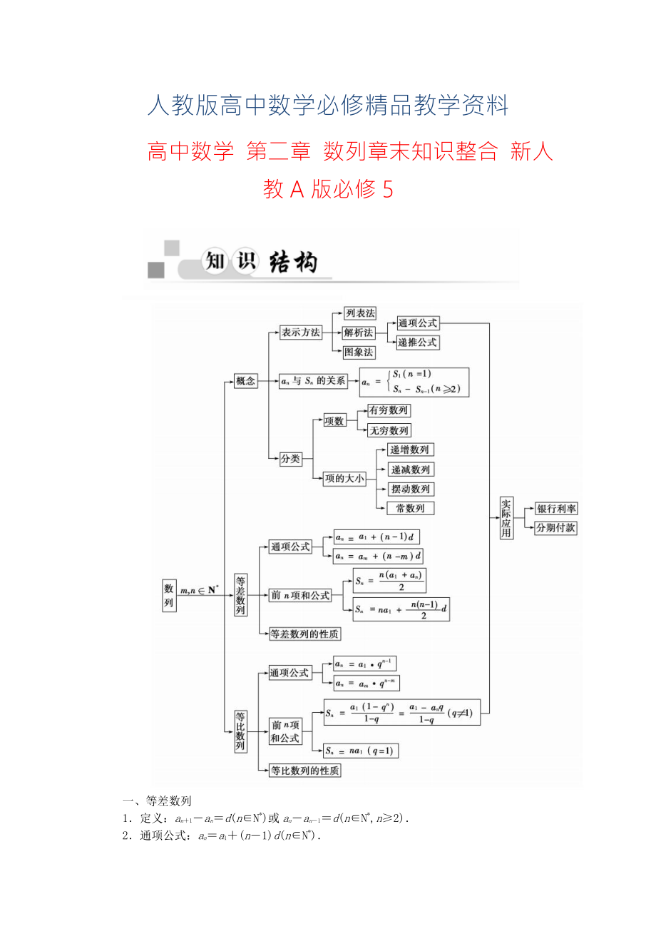 【人教A版】高中數(shù)學(xué) 第二章 數(shù)列章末知識(shí)整合 新人教A版必修5_第1頁