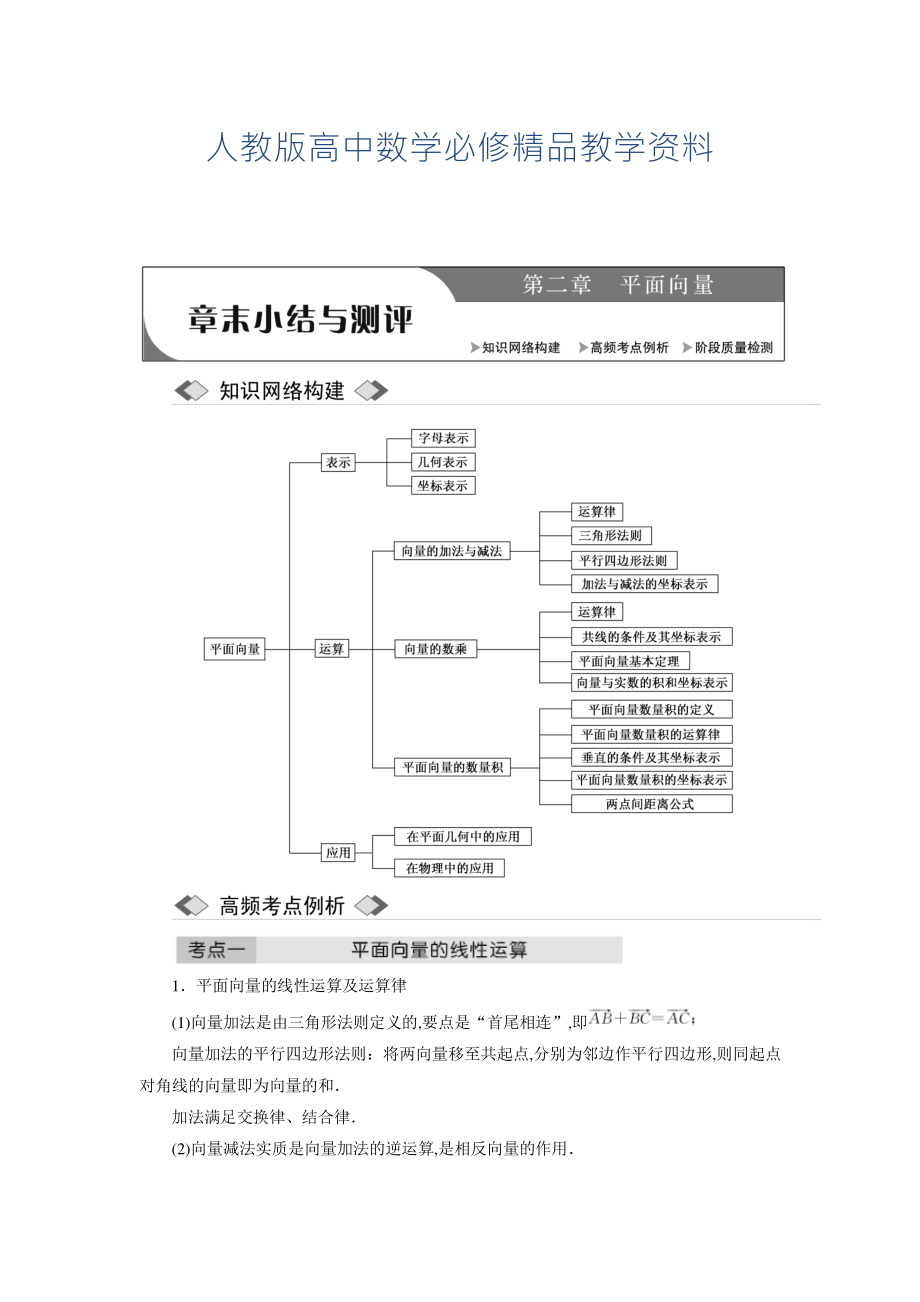 高中數(shù)學人教A版必修四教學案：第二章 章末小結與測評 含答案_第1頁