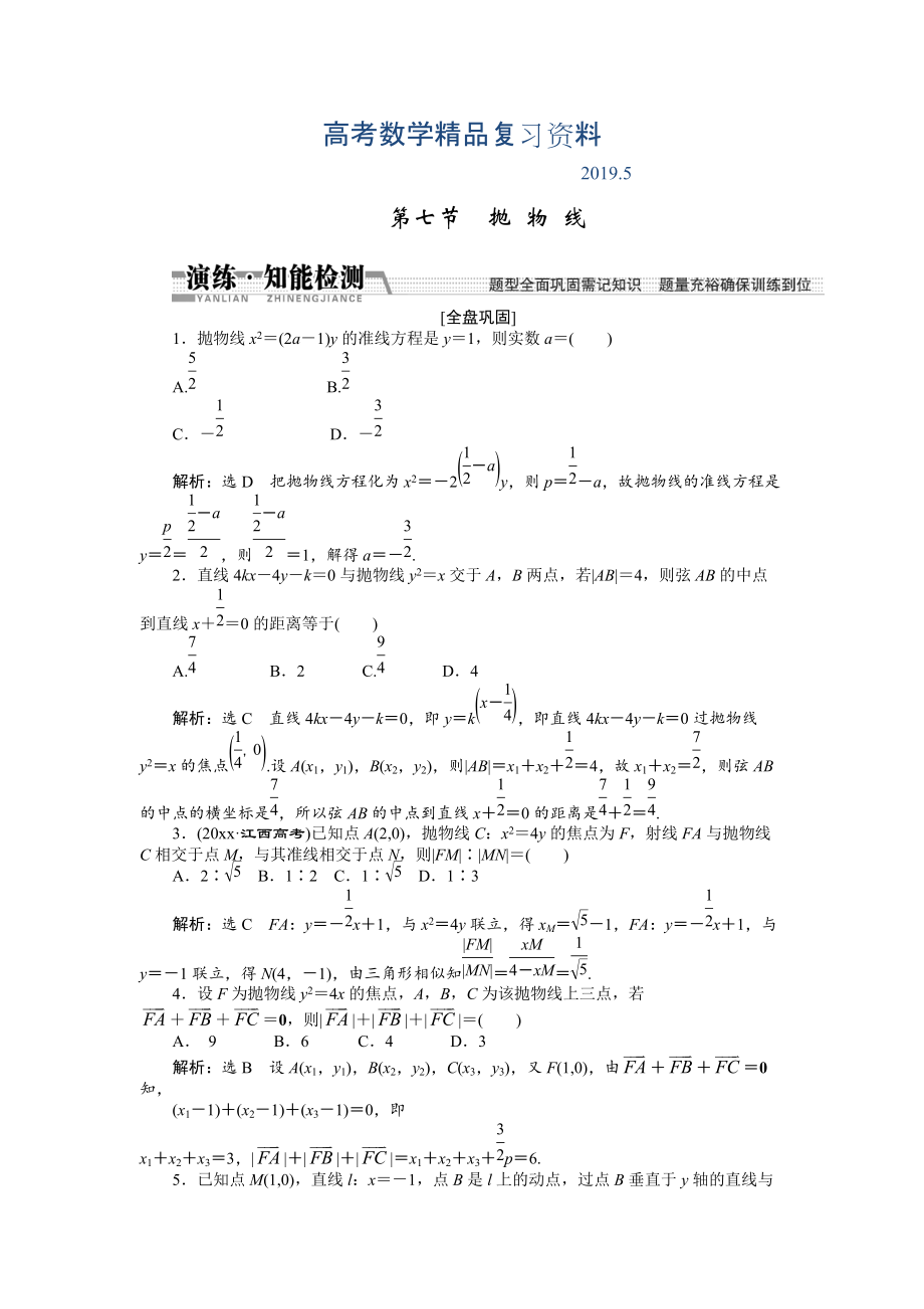 【創(chuàng)新方案】高考數(shù)學理一輪知能檢測：第8章 第7節(jié)　拋 物 線_第1頁