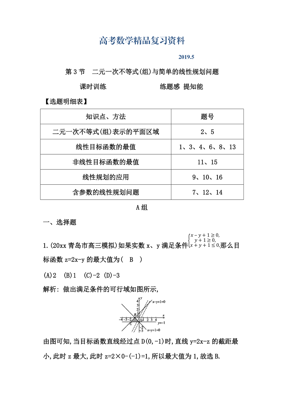 高考数学广东专用文科复习配套课时训练：第六篇 不等式 第3节　二元一次不等式(组)与简单的线性规划问题含答案_第1页