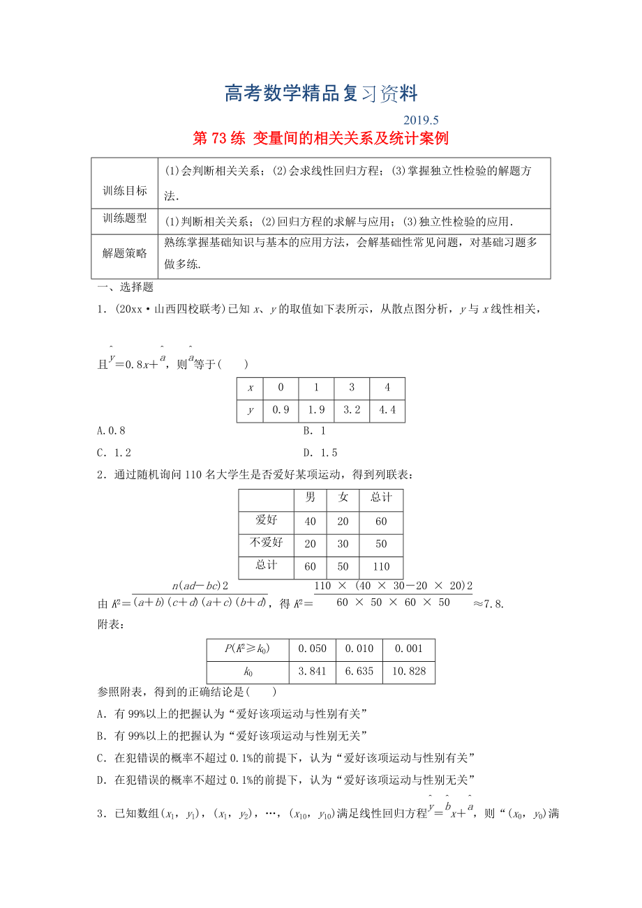 高三數(shù)學(xué) 第73練 變量間的相關(guān)關(guān)系及統(tǒng)計(jì)案例練習(xí)_第1頁(yè)