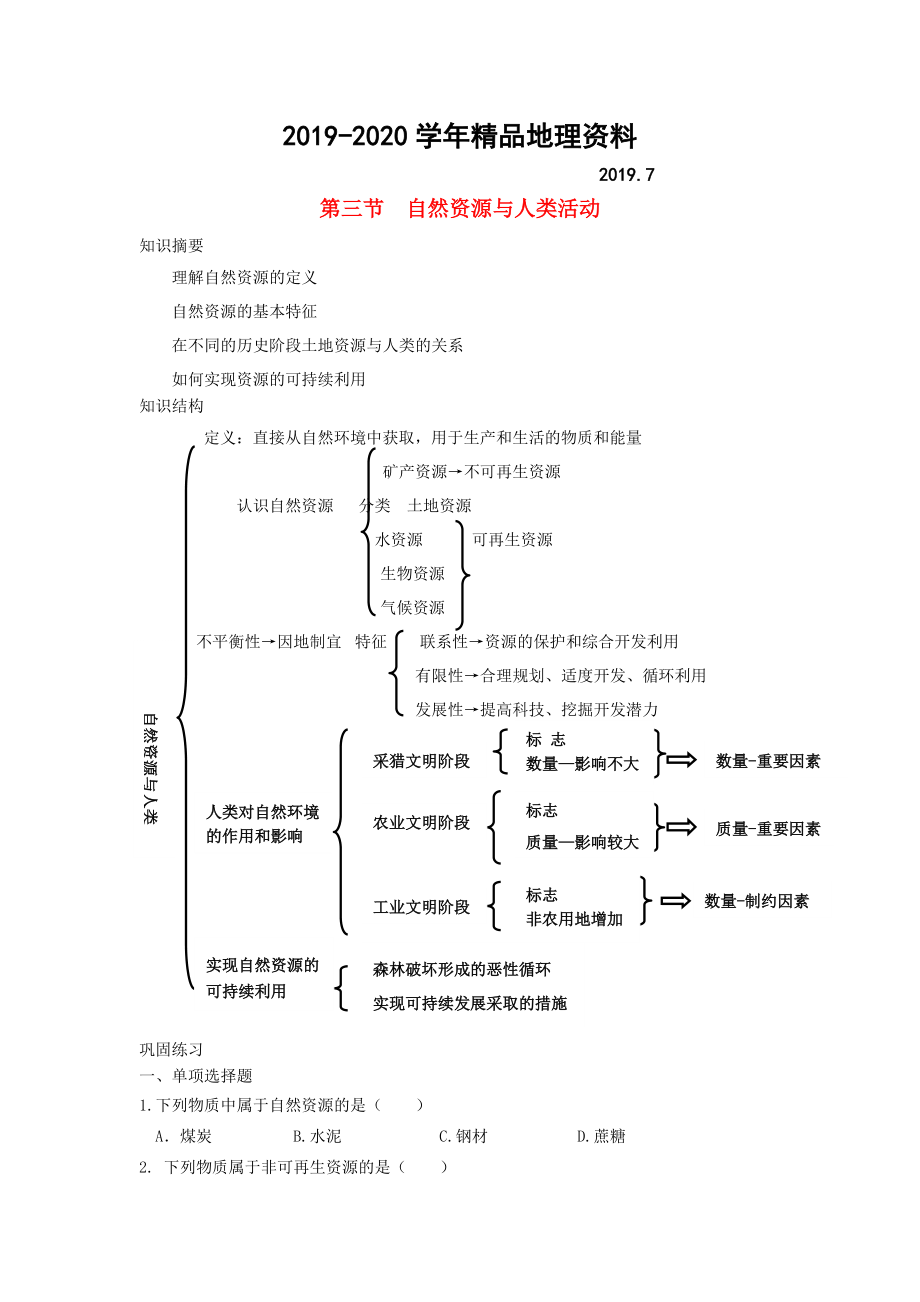 2020鶴崗一中高中地理 第四章 第三節(jié) 自然資源與人類活動(dòng)學(xué)案 湘教版必修1_第1頁