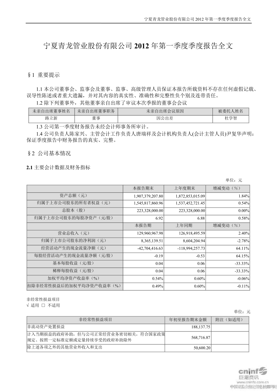 青龙管业：第一季度报告全文_第1页