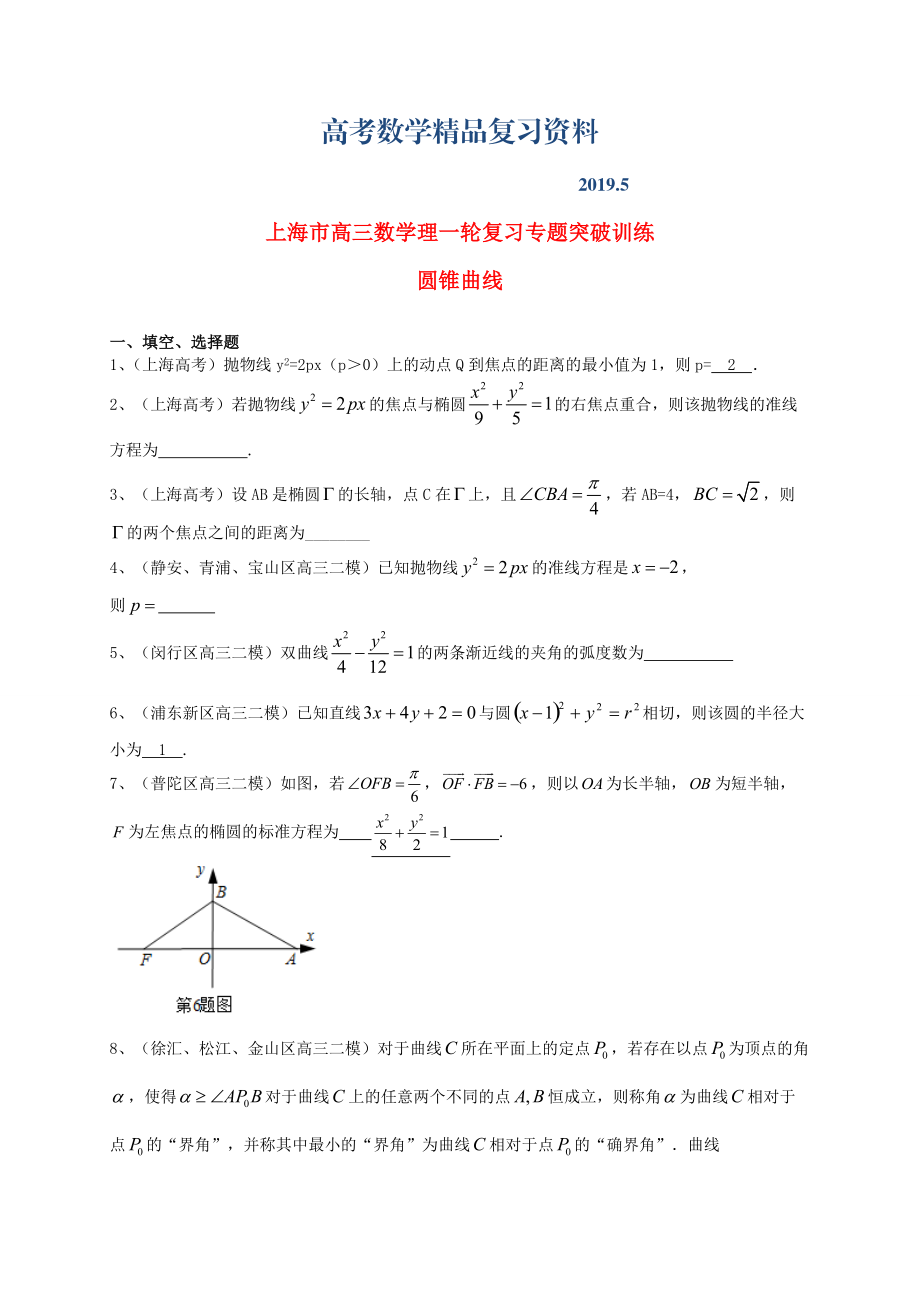 上海市高考數(shù)學(xué)一輪復(fù)習 專題突破訓(xùn)練 圓錐曲線 理_第1頁