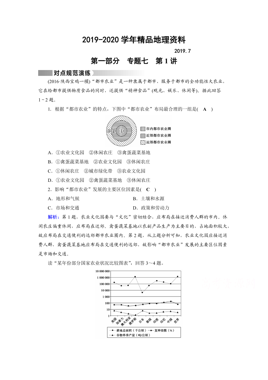 2020高考地理二輪通用版復(fù)習(xí)對(duì)點(diǎn)練：第1部分 專題七 人類生產(chǎn)活動(dòng) 專題7 第1講 對(duì)點(diǎn) Word版含答案_第1頁(yè)