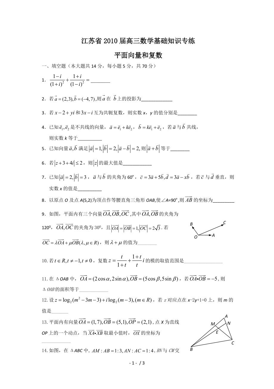 江苏省2010届高三数学基础知识专练平面向量和复数_第1页