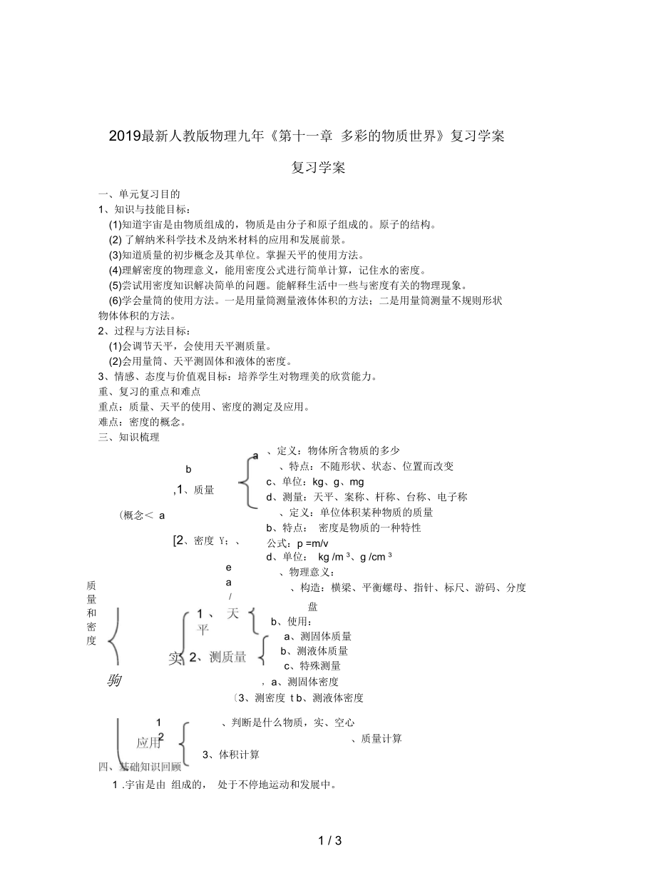 人教版物理九年《第十一章多彩的物質(zhì)世界》復(fù)習(xí)學(xué)案_第1頁(yè)