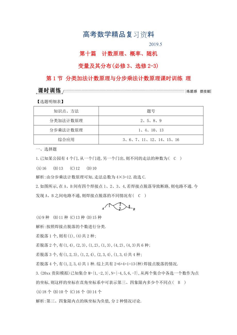 新课标高三数学一轮复习 第10篇 第1节 分类加法计数原理与分步乘法计数原理课时训练 理_第1页