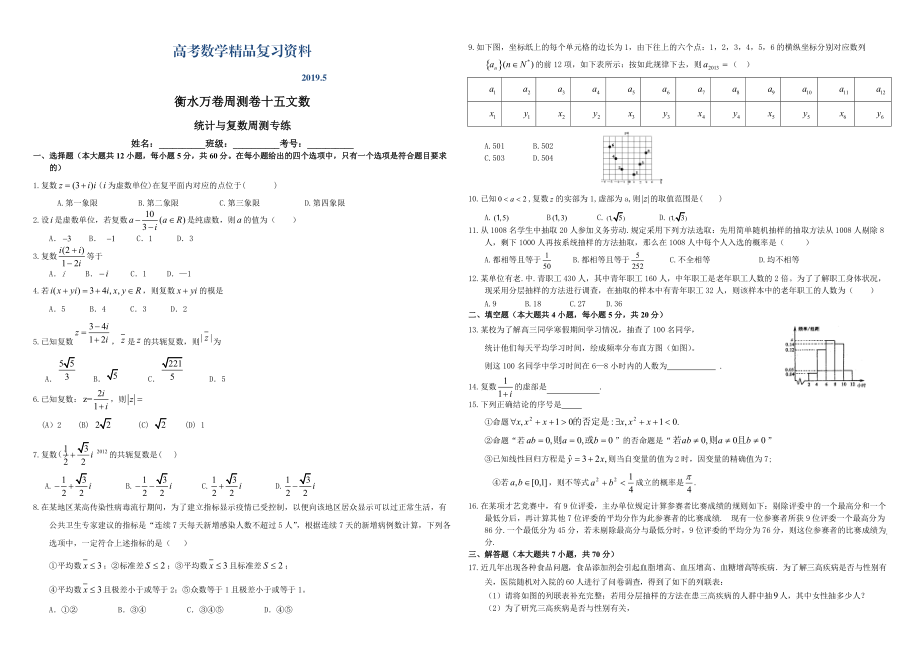 衡水萬(wàn)卷高三二輪復(fù)習(xí)數(shù)學(xué)文周測(cè)卷十五統(tǒng)計(jì)及虛數(shù)周測(cè)專(zhuān)練 Word版含解析_第1頁(yè)