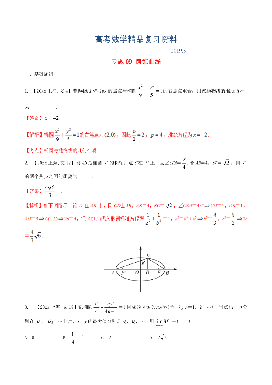 上海版高考數(shù)學(xué)分項匯編 專題09 圓錐曲線含解析文_第1頁