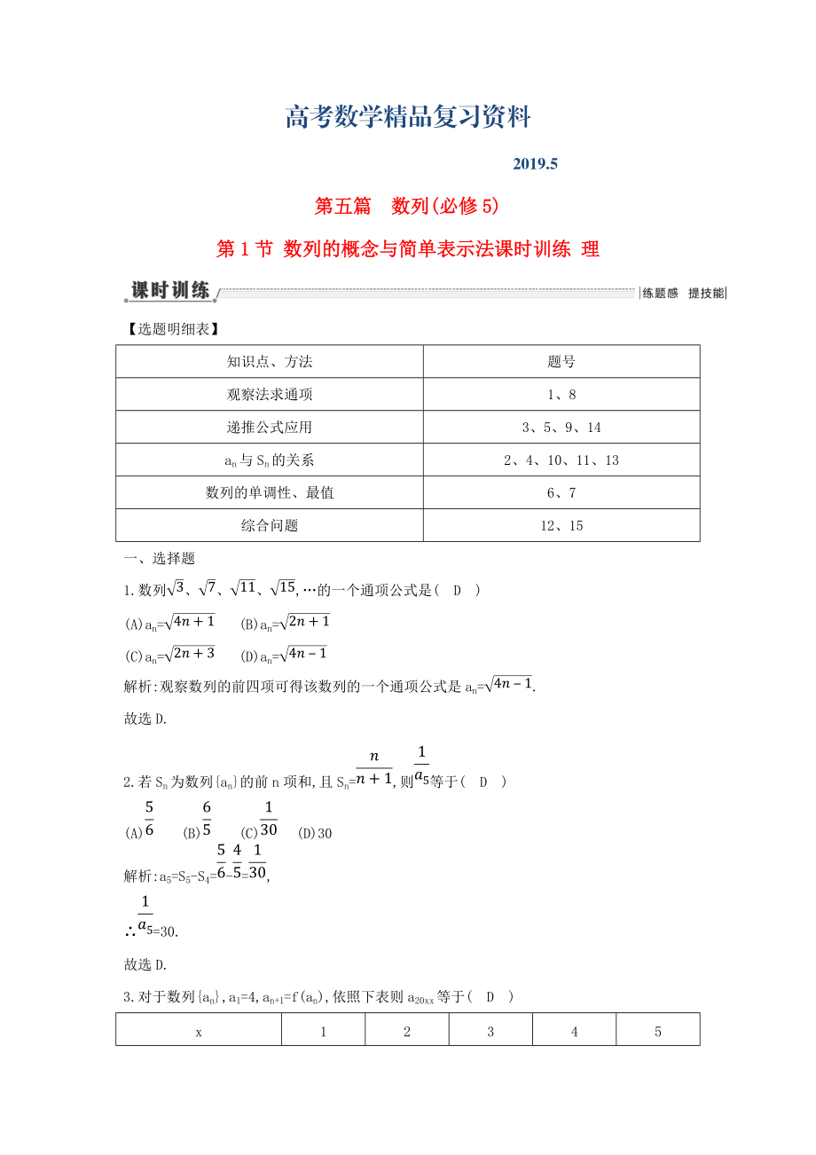 新课标高三数学一轮复习 第5篇 第1节 数列的概念与简单表示法课时训练 理_第1页