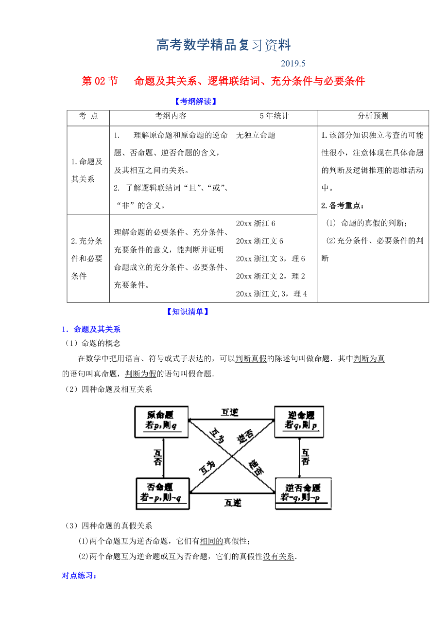 浙江版高考數(shù)學(xué)一輪復(fù)習(xí)(講練測(cè))： 專題1.2 命題及其關(guān)系、邏輯聯(lián)結(jié)詞、充分條件與必要條件講_第1頁(yè)