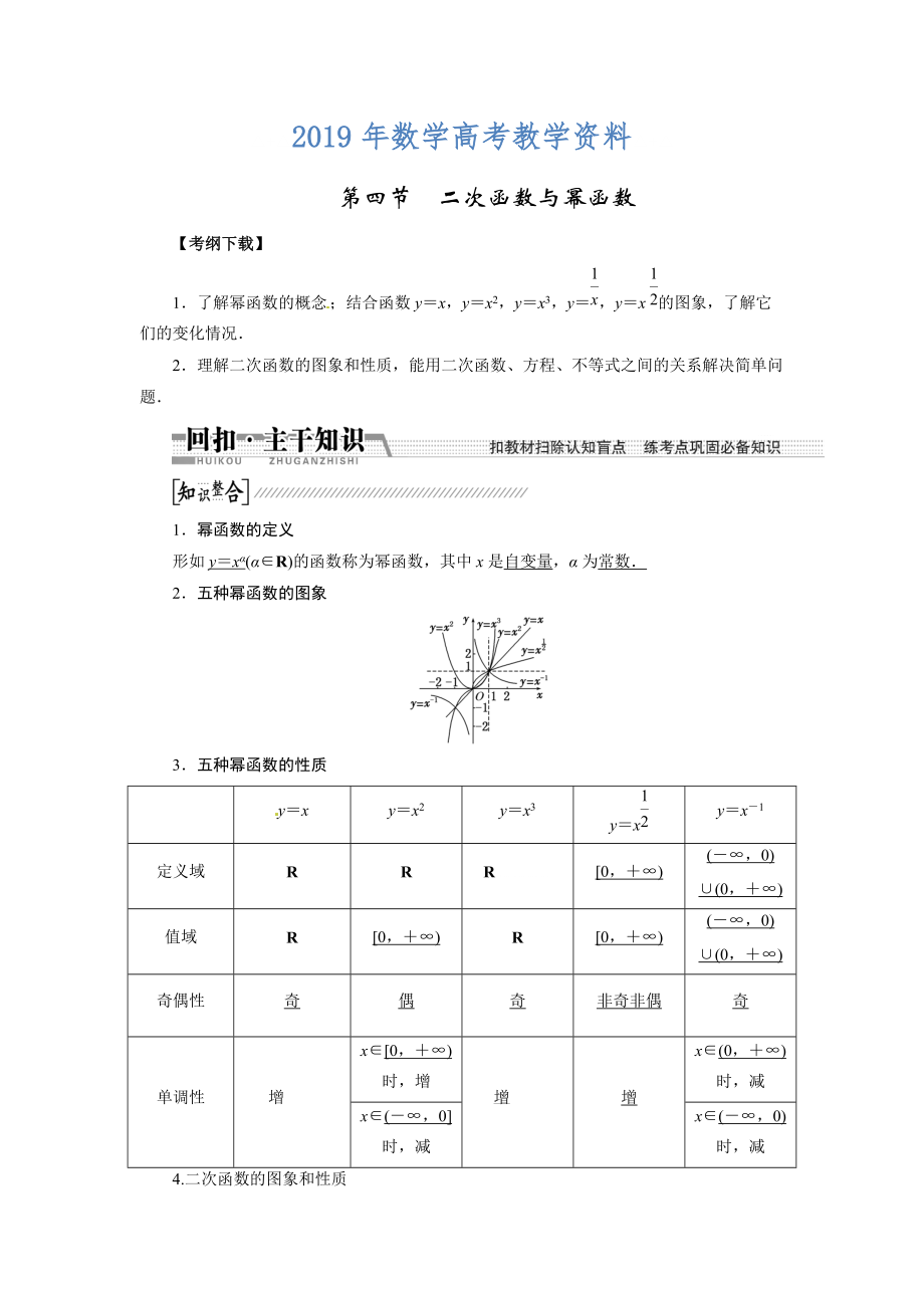 高考数学复习：第二章 ：第四节　二次函数与幂函数回扣主干知识提升学科素养_第1页