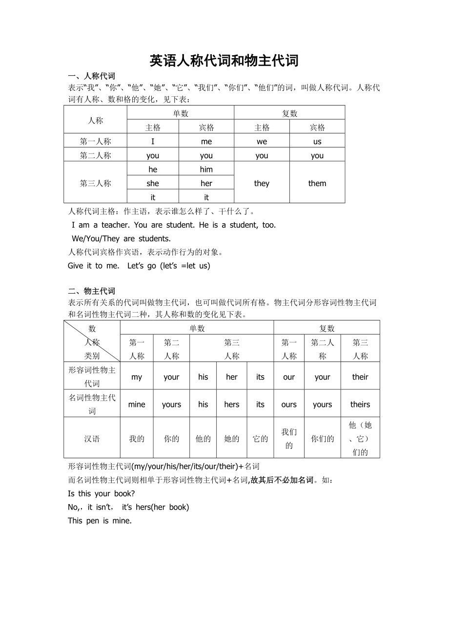 英语人称代词和物主代词_第1页