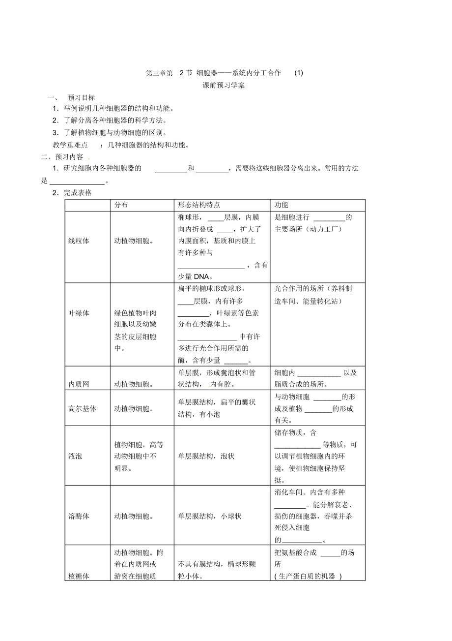 必修一第三章第2節(jié)《細(xì)胞器——系統(tǒng)內(nèi)的分工合作》導(dǎo)學(xué)案_第1頁(yè)